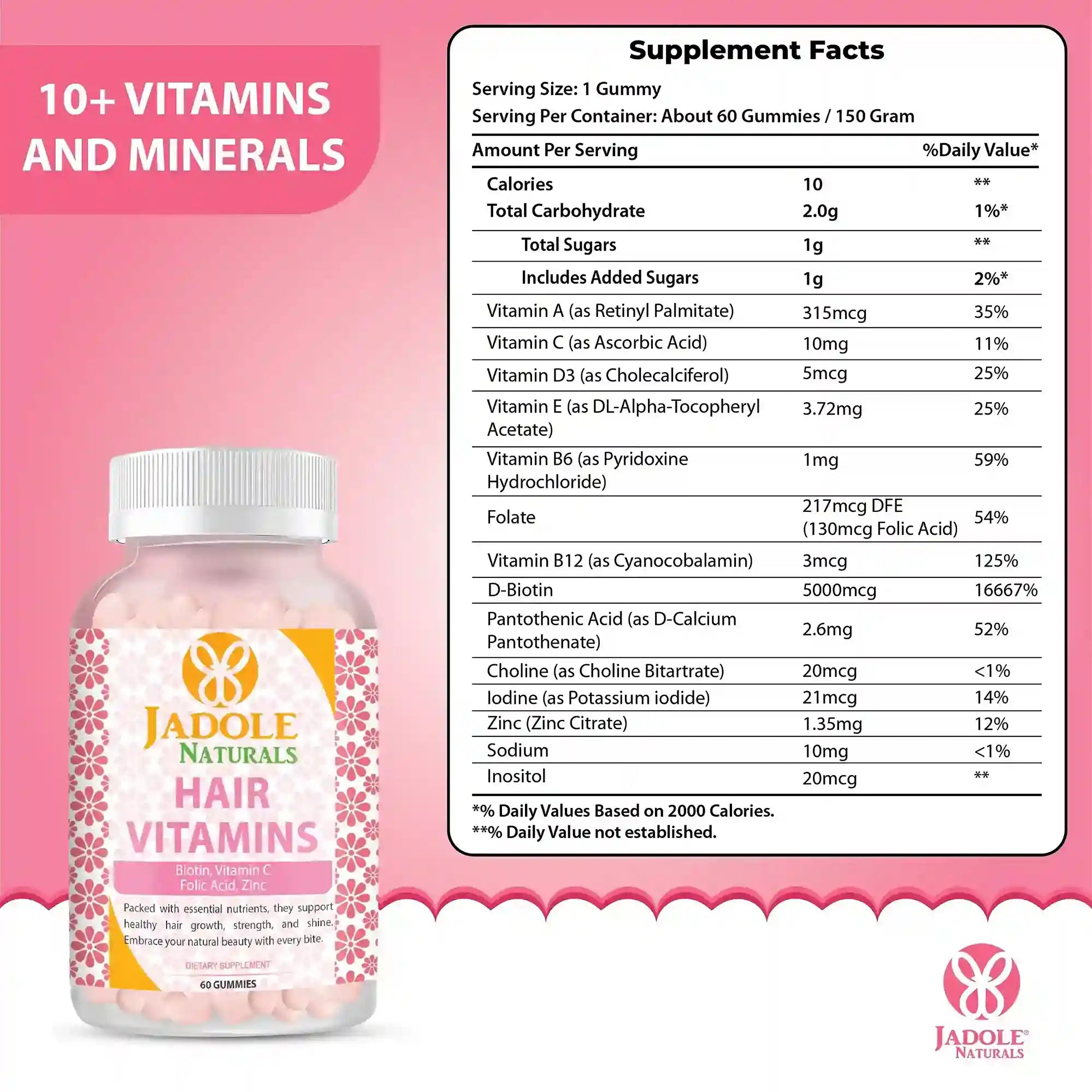 Hair Vitamins 60 Gummies with Vitamin C, Biotin & Folic Acid
