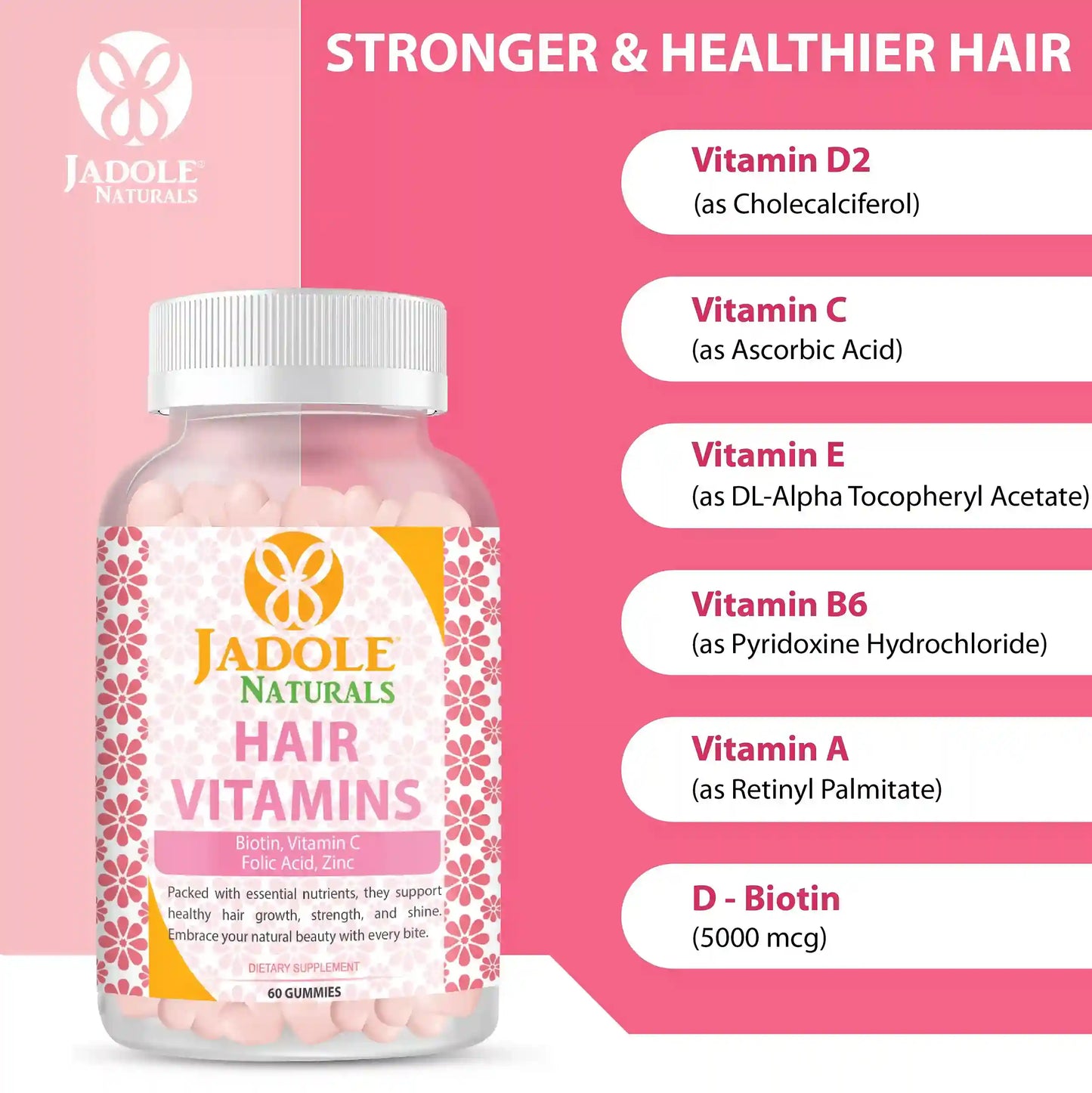 Hair Vitamins 60 Gummies with Vitamin C, Biotin & Folic Acid