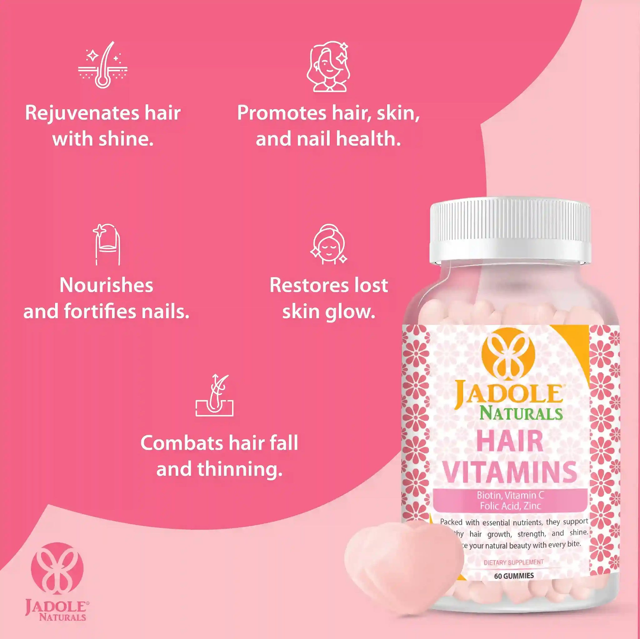 Hair Vitamins 60 Gummies with Vitamin C, Biotin & Folic Acid