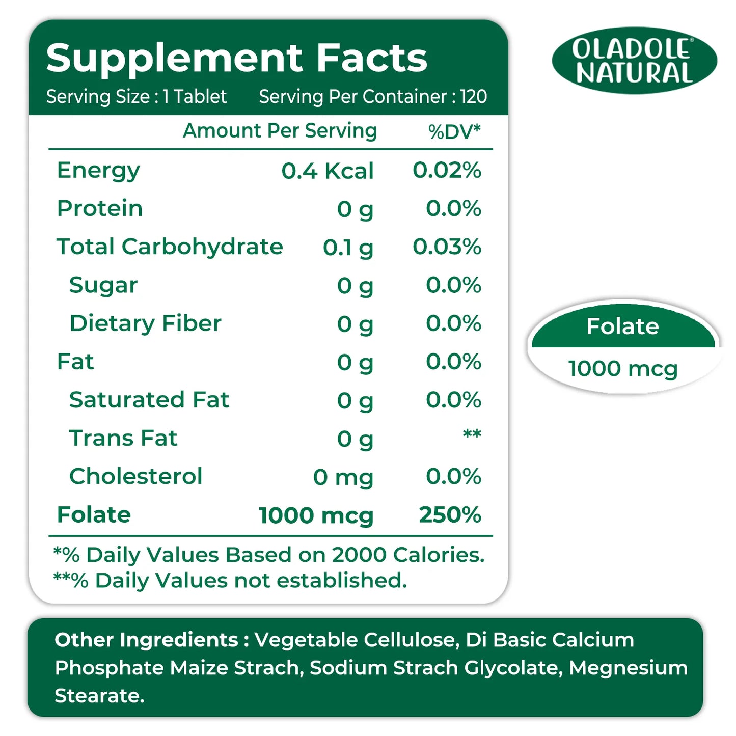 Folic Acid (Vitamin B9) 1000 mcg - 120 Tablets