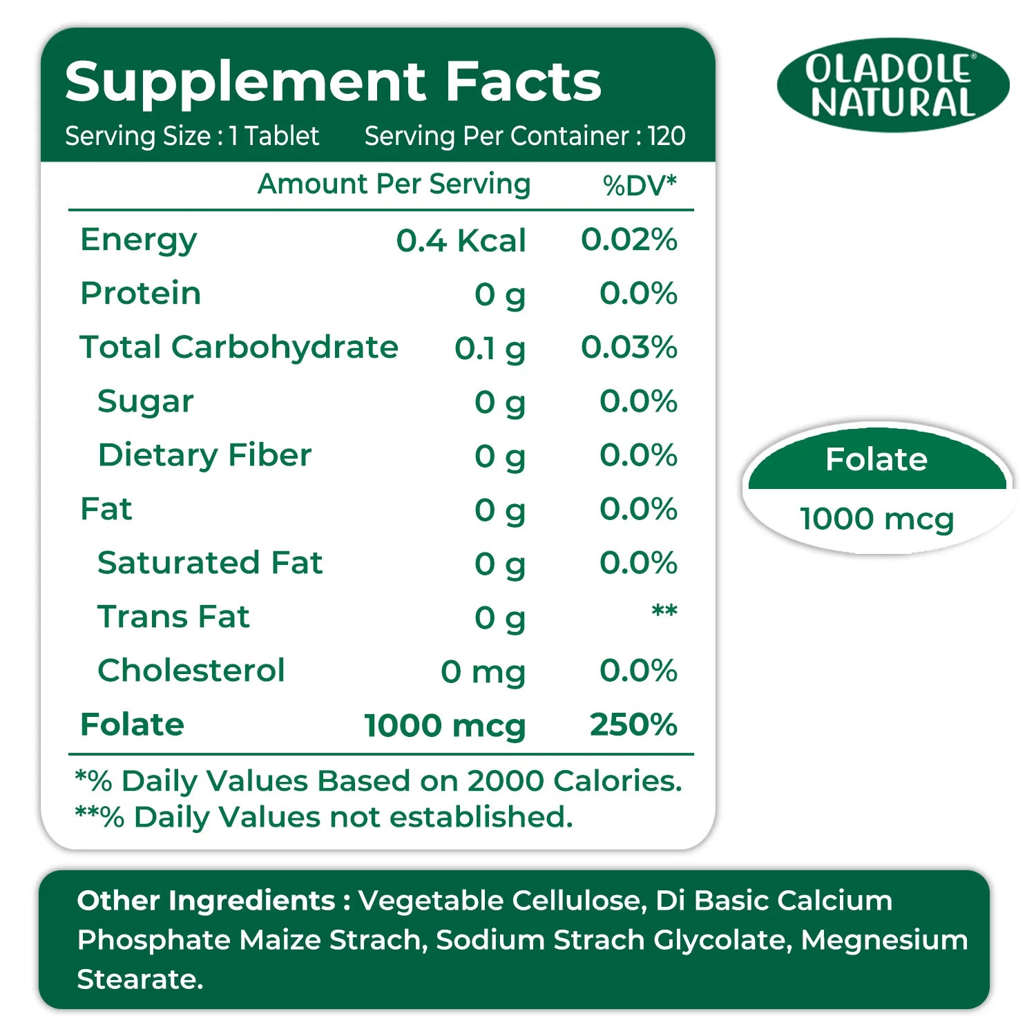 Folic Acid (Vitamin B9) 1000 mcg - 120 Tablets