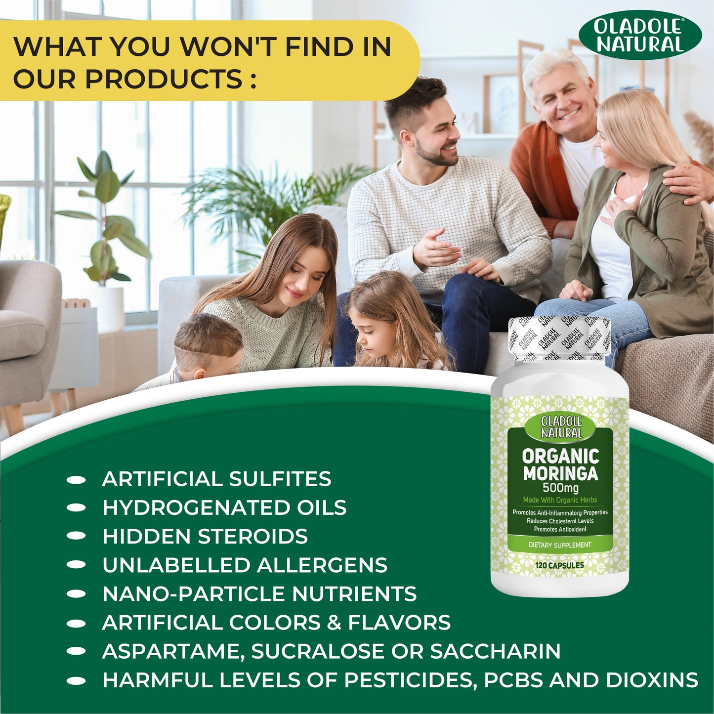 Family in a living room with a bottle of Organic Moringa supplement, Oladole brand.