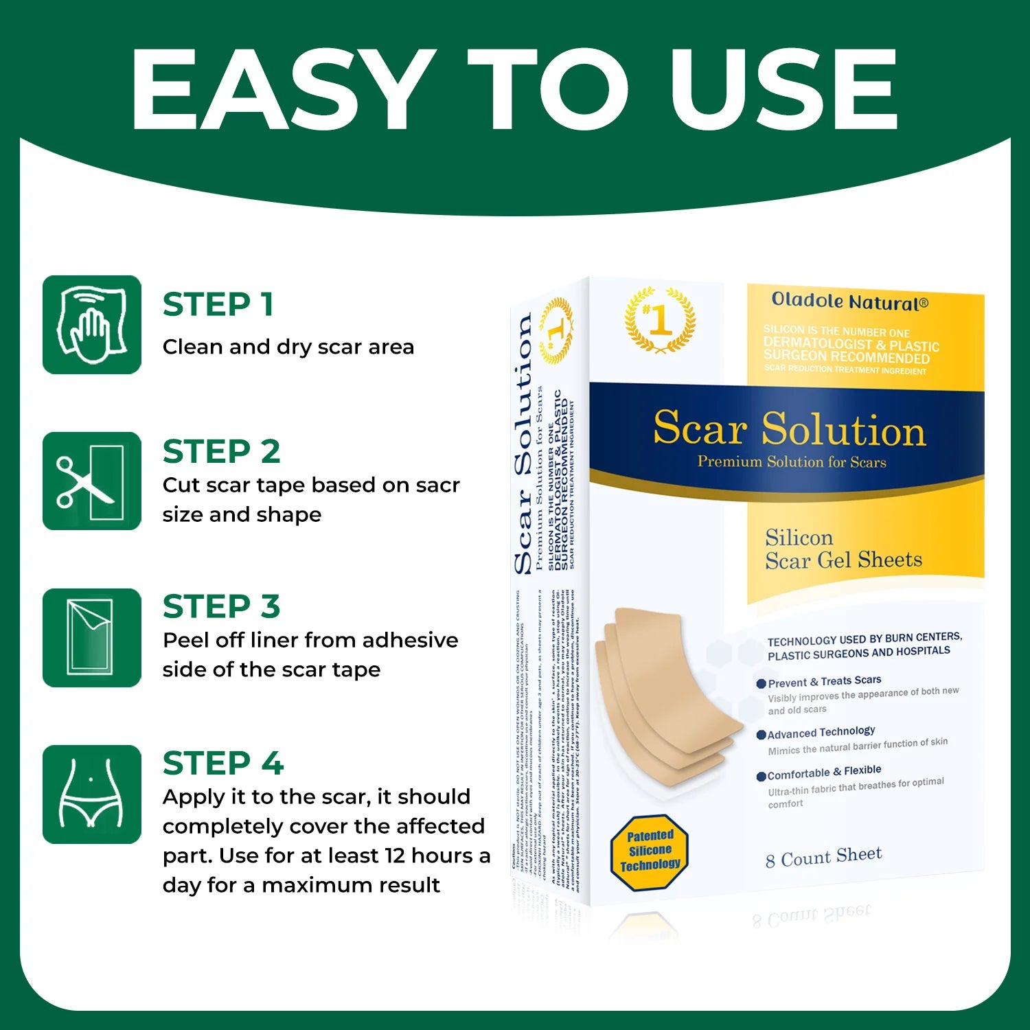 Scar Solution Silicone Scar Gel Sheets 8 Count